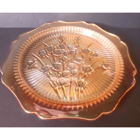 Vintage Carnival Marigold Iridescent Plate 9" Jeannette, Iris Herringbone 1930 - Picture 3 of 5